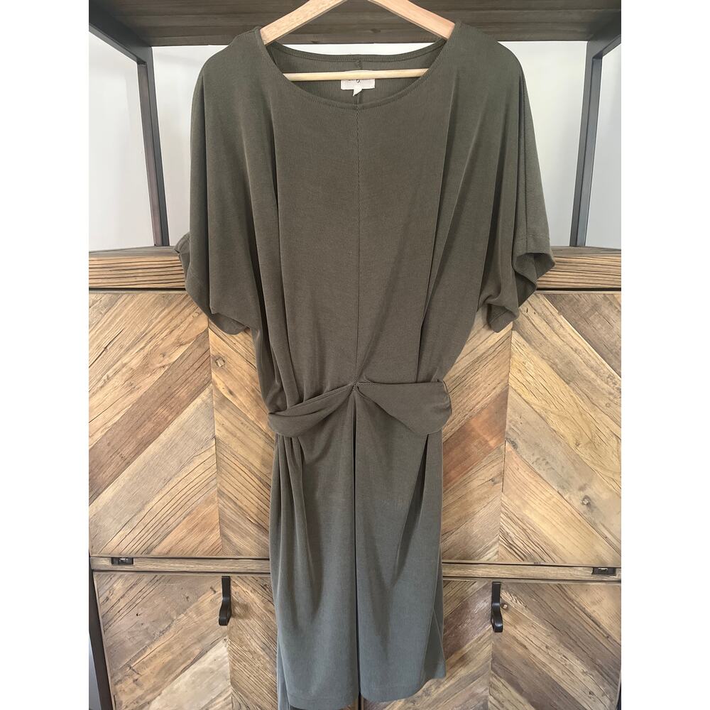 Lou & Grey Olive Green Ribbed Faux Wrap T-shirt Dress Medium - Picture 2 of 7